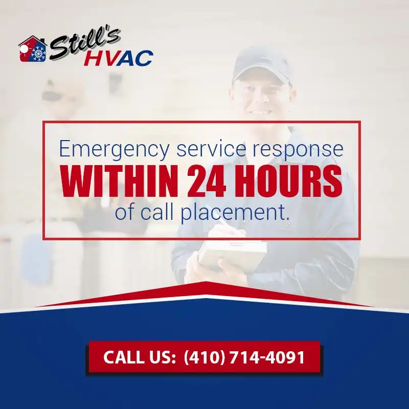 Still's HVAC coupon: emergency service response within 24 hours. Call (410) 714-4091.